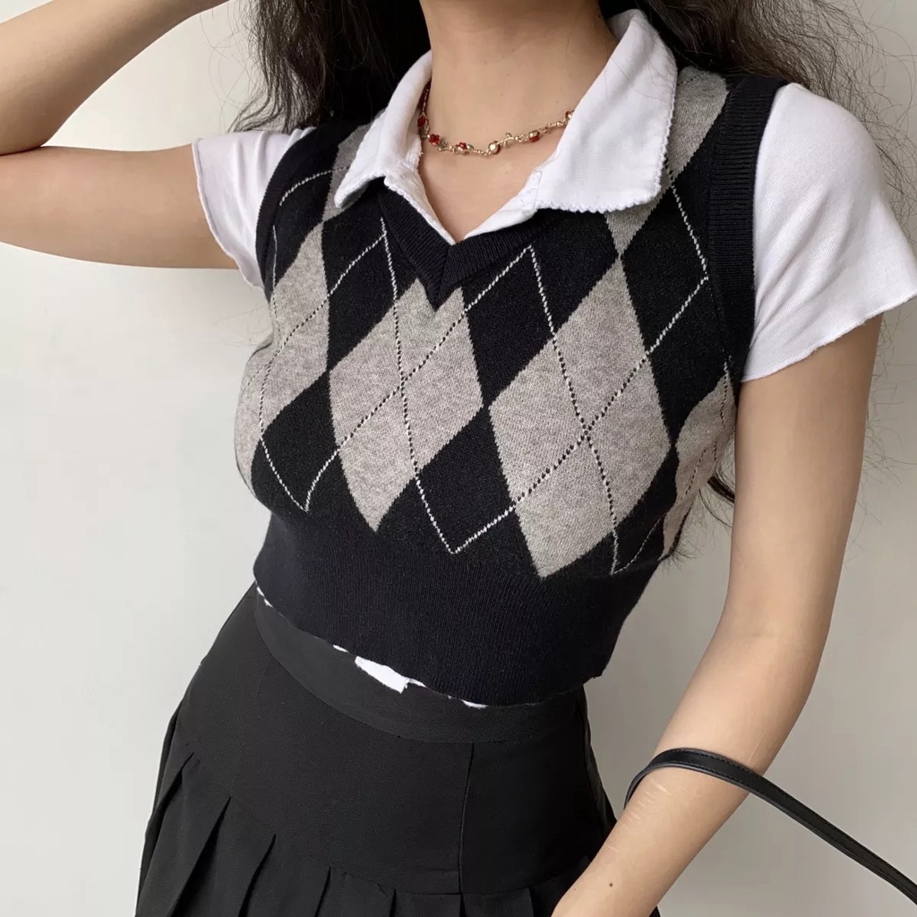 rose blackpink Rompi rajut wanita korea style retro kotak V-neck tanpa lengan kasual crop top knit