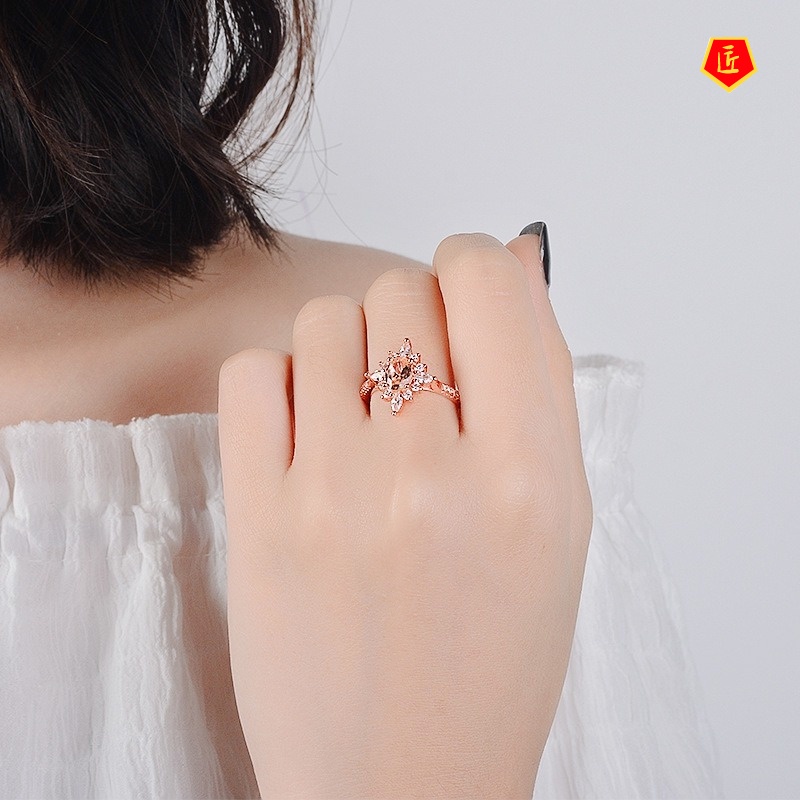 [Ready Stock]Fashion Elegant Champagne Diamond-Studded Ring Creative 18K Rose Gold