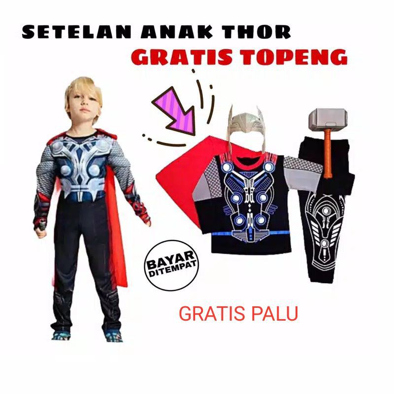 KOSTUM BAJU ANAK THOR PALU SETELAN ANAK BAJU THOR GRATIS TOPENG DAN PALU