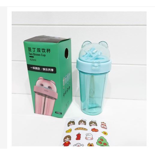 BOTOL MINUM 2 SISI KEPALA BERUANG- Botol minum 420ml 2 Sedotan - Botol Minum Dual Use  PLUS STIKER free Stiker