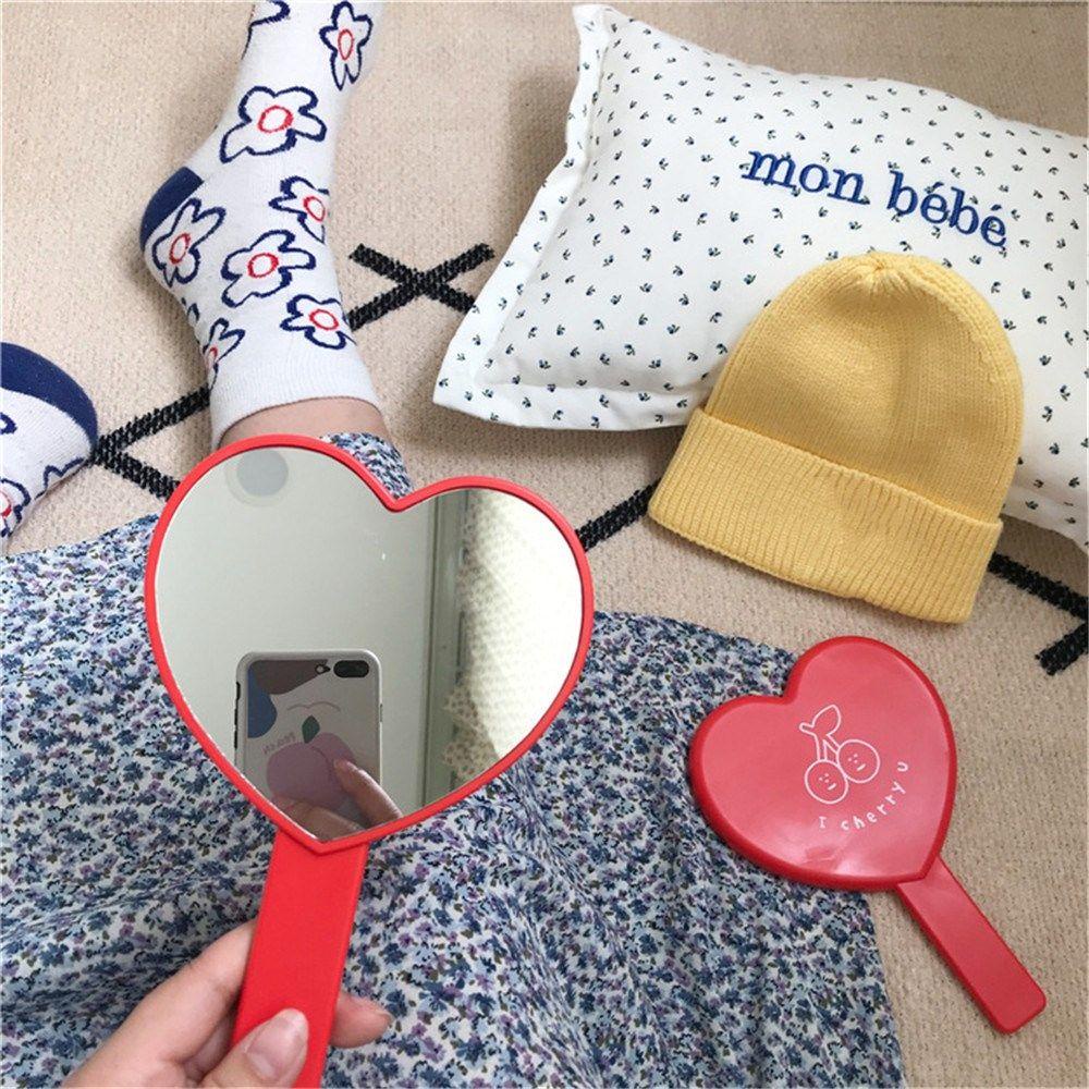 R-flower Handheld Cute Untuk Wanita Vanity Mirror Dengan Gagang Berbentuk Hati