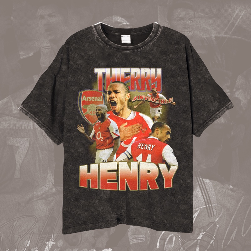 France Thierry HENRY T-shirt/Kaos Bola Vintage Wash Thierry Henry Striker Legend Arsenal Unisex