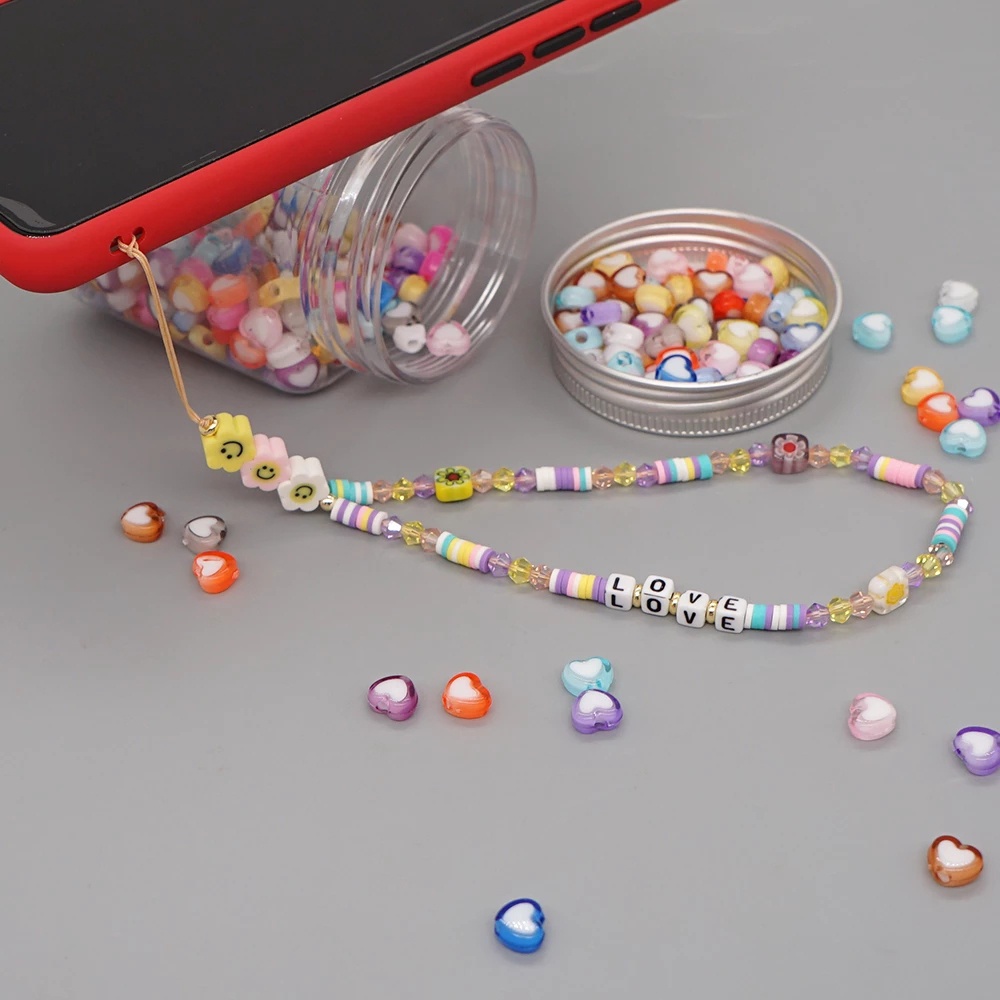 QUINTON Ins Trendy Mobile Phone Straps Colorful Soft Pottery Rope Cell Phone Lanyard Mobile Phone Chain Pearl Anti-Lost Acrylic Bead Smile Handmade Smiling Beads Chain