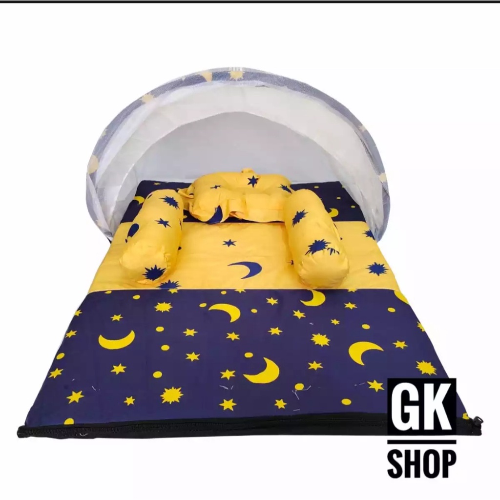 PROMO!!! KASUR BAYI  MODEL LIPAT KELAMBU LENGKAP SATU SET BANTAL GULING MOTIF BULAN BINTANG