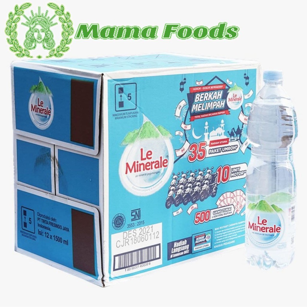 

Air Minum LE MINERALE 1500ml Kemasan Botol Besar Isi 12 Btl/Dus MAYORA