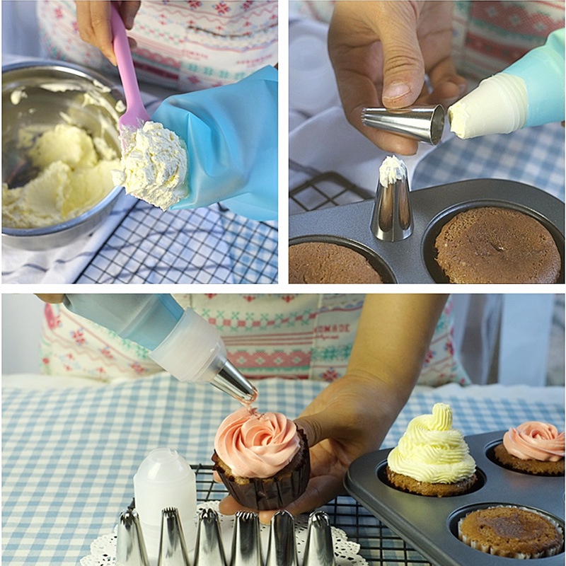 ICING PIPING BAG SET 16 IN 1 SILIKON CAKE DECORATING SPUIT + CONNECTOR + PIPING BAG / SPUIT DEKORASI KUE CHEF PASTRY / PIPING BAG SILICONE SET /  / Silicone Piping Bag Segitiga Reuseable Kantung Piping Bag untuk Kue Dipakai berulang Silicone Cake Serbagun