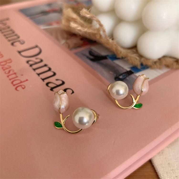 IFYOU Anting Stud Bentuk Tulip Aksen Mutiara Warna Pink Gaya Korea Untuk Wanita