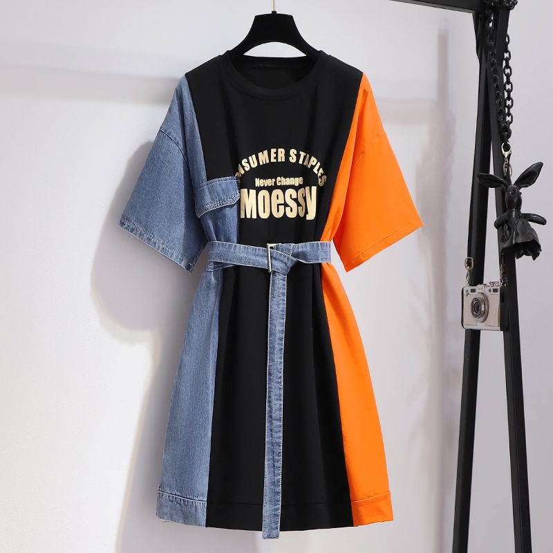 Denim stitched T-shirt dress women's summer 2021 new design sense, small people close the waist and