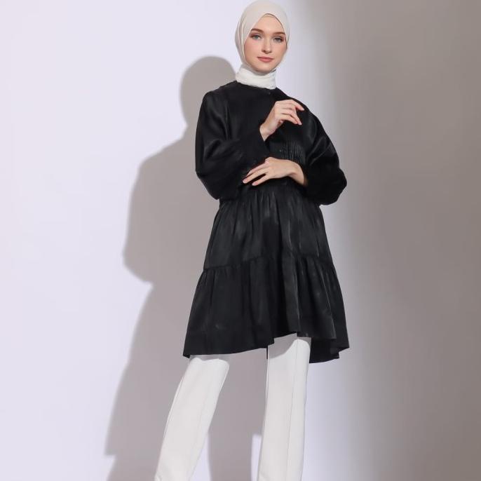 Dress Wanita Hitam Mini Muslim Premium Import Hana Plain
