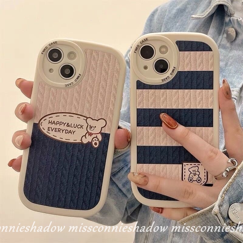 Redmi A1 10 9T 9A 9 10C 9C NFC Mi POCO M3 F4 K40s X3 Pro X3 NFC Redmi Note10 8 9 9s 10s 11Pro 11 11s 9Pro 10Pro Max Kartun Beruang Lucu Rajut Stripe Splicing Pattern Cover