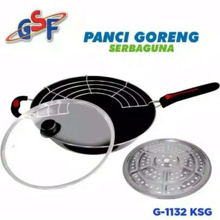 Panci goreng serbaguna GSF1132K Ukuran 32cm Bahan enamel tebal anti gores Free tutup kaca, saringan + tirisan minyak