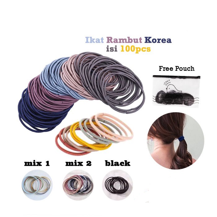 [100 PCS] Ikat Rambut Korea I Can Swim isi 100 pcs Warna Warni + Pouch Aksesoris Rambut