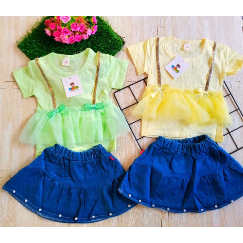 SETELAN ROK JEANS ANAK CEWEK IMPORT 1-5 TAHUN / SETELAN ROK JEANS PENDEK ANAK PEREMPUAN IMPORT PERGI JALAN LUCU