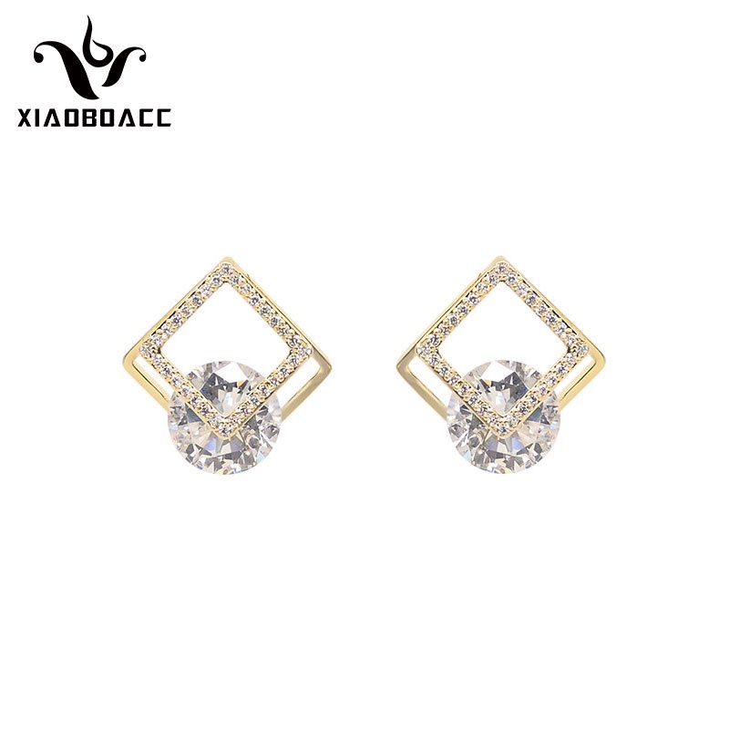 XiaoboACC Anting Tusuk Silver S925 Bentuk Geometri Aksen Hollow + Zircon Untuk Perhiasan Wanita