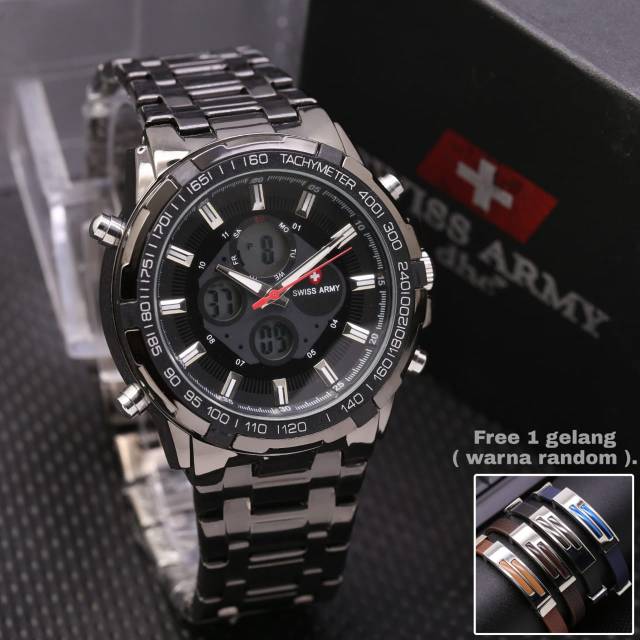 Free gelang+box - JAM TANGAN PRIA SPORTY DUALTIME DIGITAL ANALOG RANTAI STEEL - JAM TANGAN DIGITAL