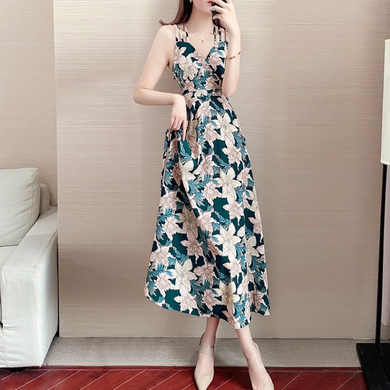 Baju Terusan Wanita Baju Pantai Baju Pesta Backless Dress Motif Bunga Hijau