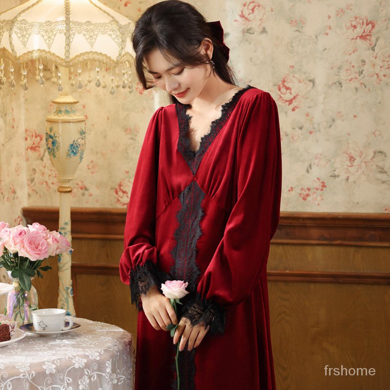 Lengan Panjang Baju Tidur Wanita Emas Beludru Piyama V-Leher Istana Gaya Retro Plus Beludru Hangat R