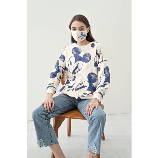 SWEATER WANITA TANGAN PANJANG MICKEY FULL PRINT BLUE - FREE MASK