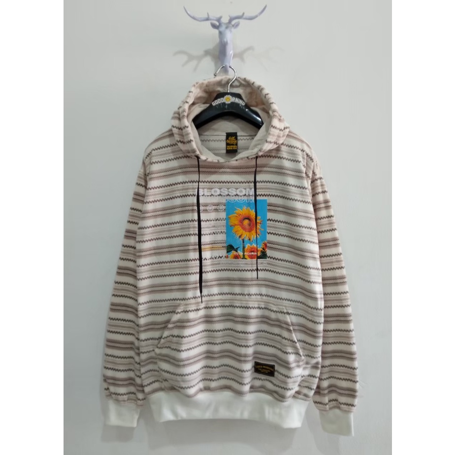 Good Morning hoodie sweater pria warna garis abu cream putih art bunga matahari GMSH120