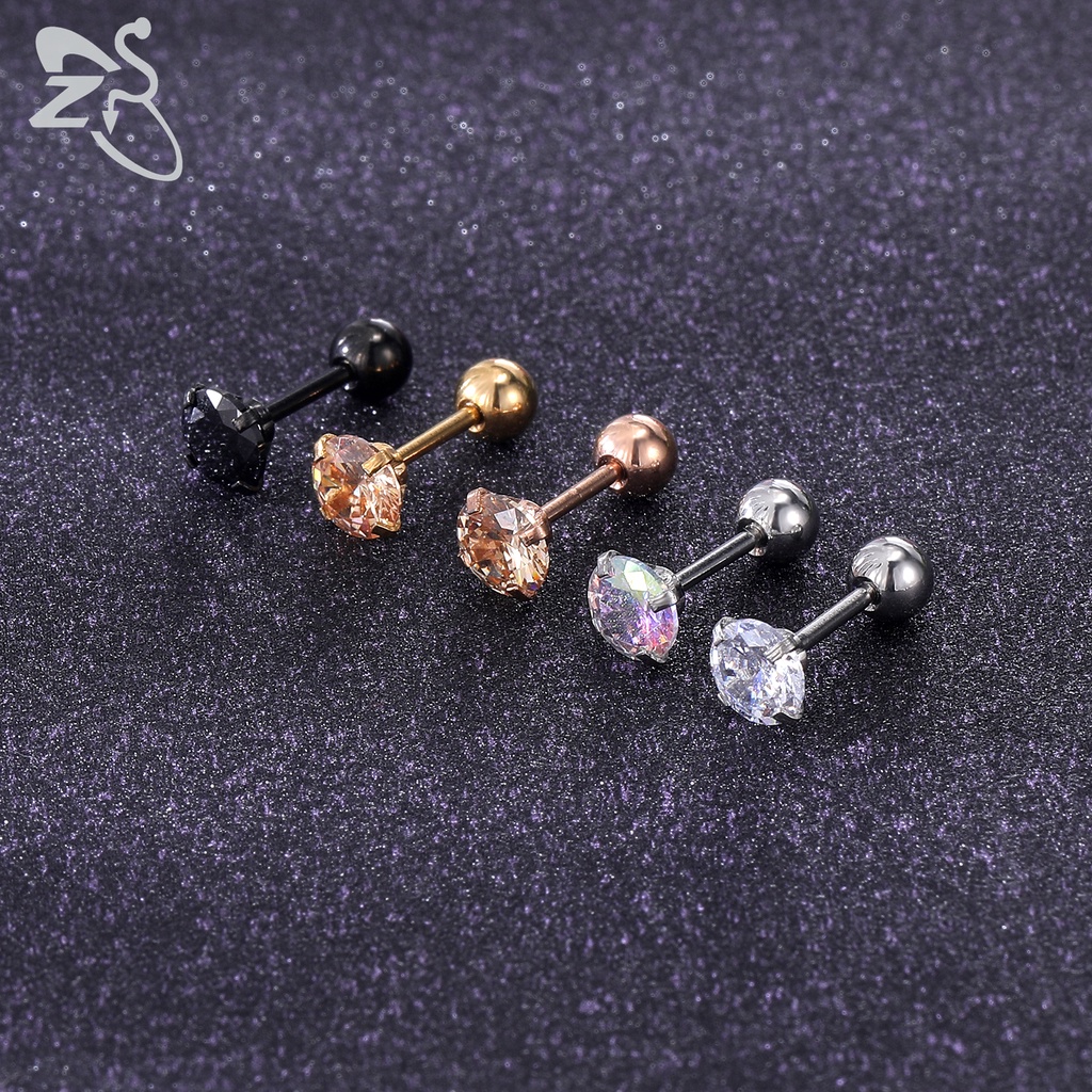 5 Pasang / Set Anting Stud Tindik Tulang Rawan Helix Kristal Cz Bentuk Bulat Bahan Stainless Steel 20g Warna Hitam Emas