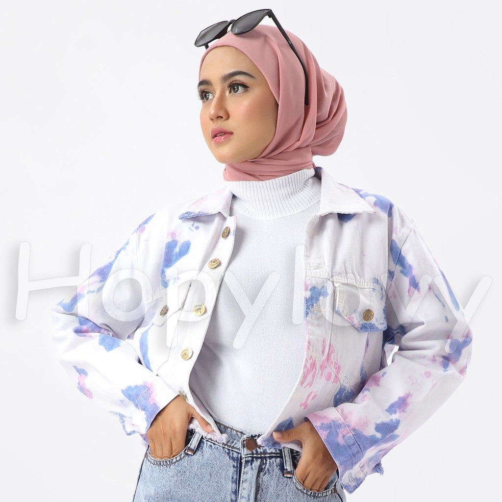 HOPYLOVY - Jaket Jeans Wanita Motif Tie Dye Sunrise