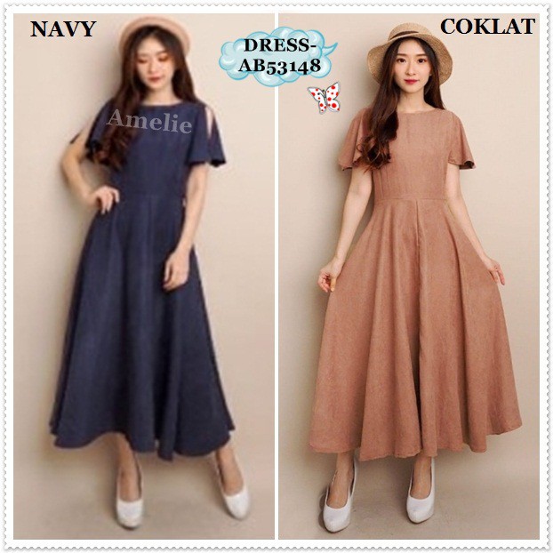 [baju wanita korea]  Long Dress Midi Wanita Bangkok Korea Import Merah Pink Biru