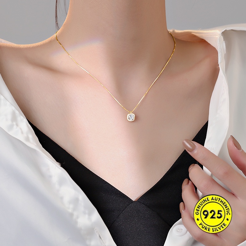 Kalung Rantai Sterling Silver 925 Dengan Liontin Berlian Imitasi Berkilau Untuk Wanita