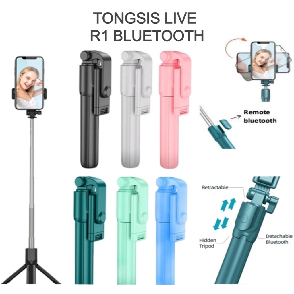 Tripod Tongsis R1 Macaron Bluetooth Wireless Remote Control 360 Derajat-Tripod Tongsis R1 Selfie Stick Bluetooth Shutter Macaron 3IN1 Multifungsi Tripod Magic Selfie Stick Remote+Phone Holder Tongsis