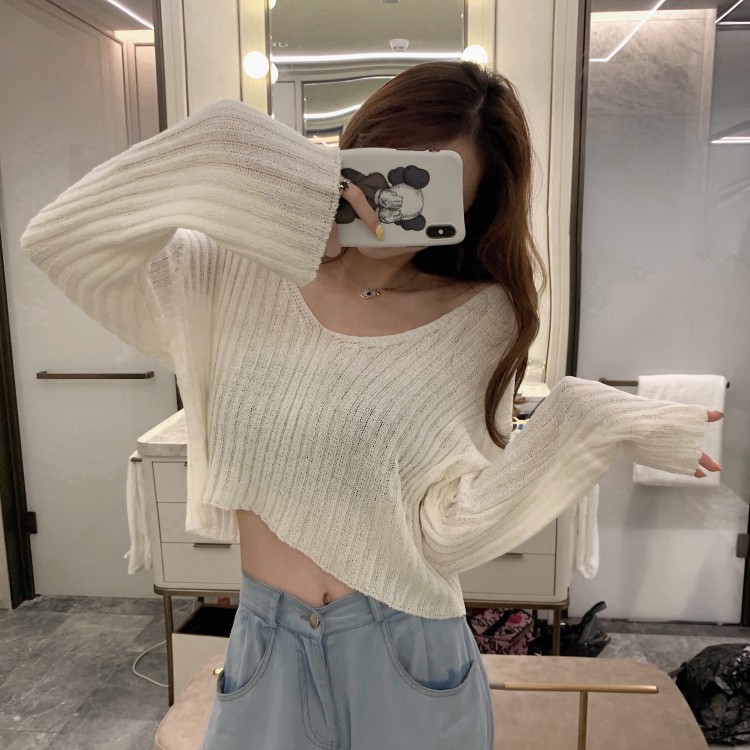 Baru Warna Solid Longgar Lengan Panjang Off-Shoulder Top Tipis Micro Transparan Sweater untuk Wanita