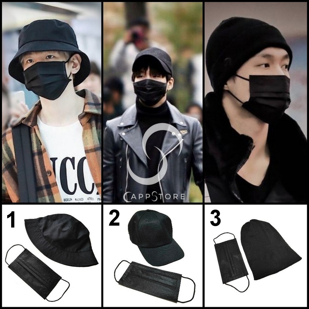 Topi set masker fashion kpop korea bucket kupluk baseball Hitam