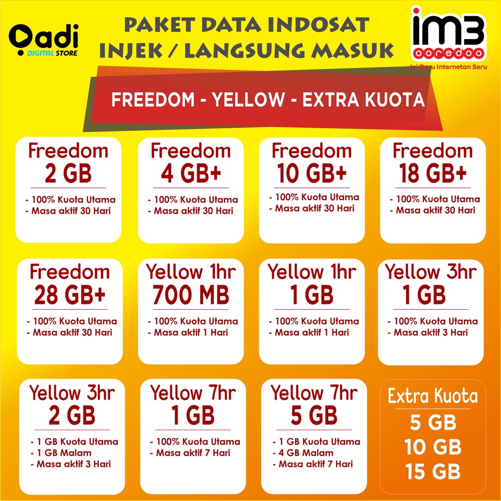 Kuota Indosat Freedom Internet Yellow Extra 50GB Promo
