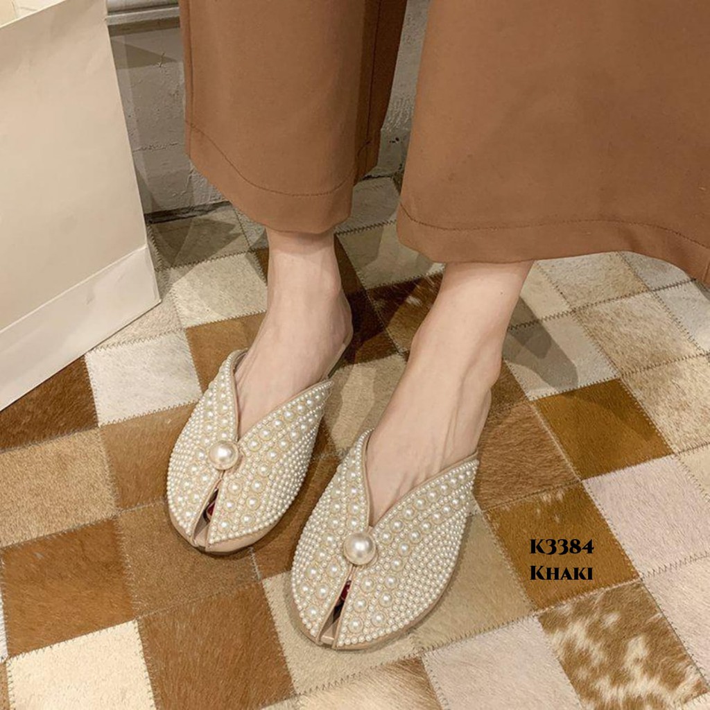 PRF  Flat Slippers Faddish Full Pearl Decor K3384