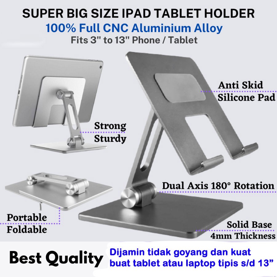 Stand Holder TABLET s/d 13 inch lebar 13cm IPAD PRO Dudukan Aluminium