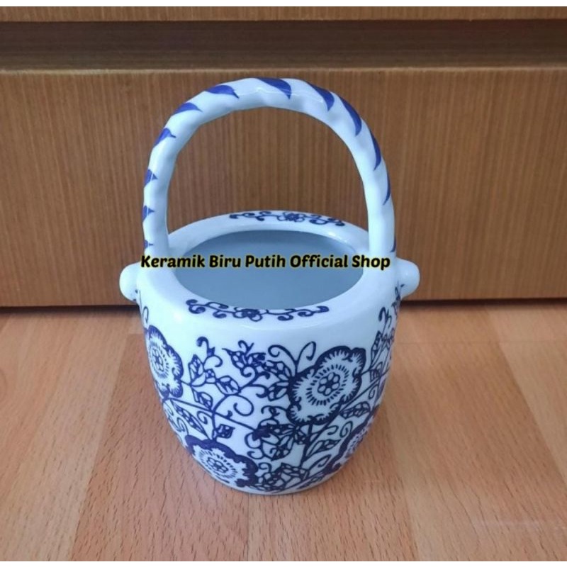 Tempat Sendok kecil keramik biru putih tinggi 16 cm diameter 9 cm