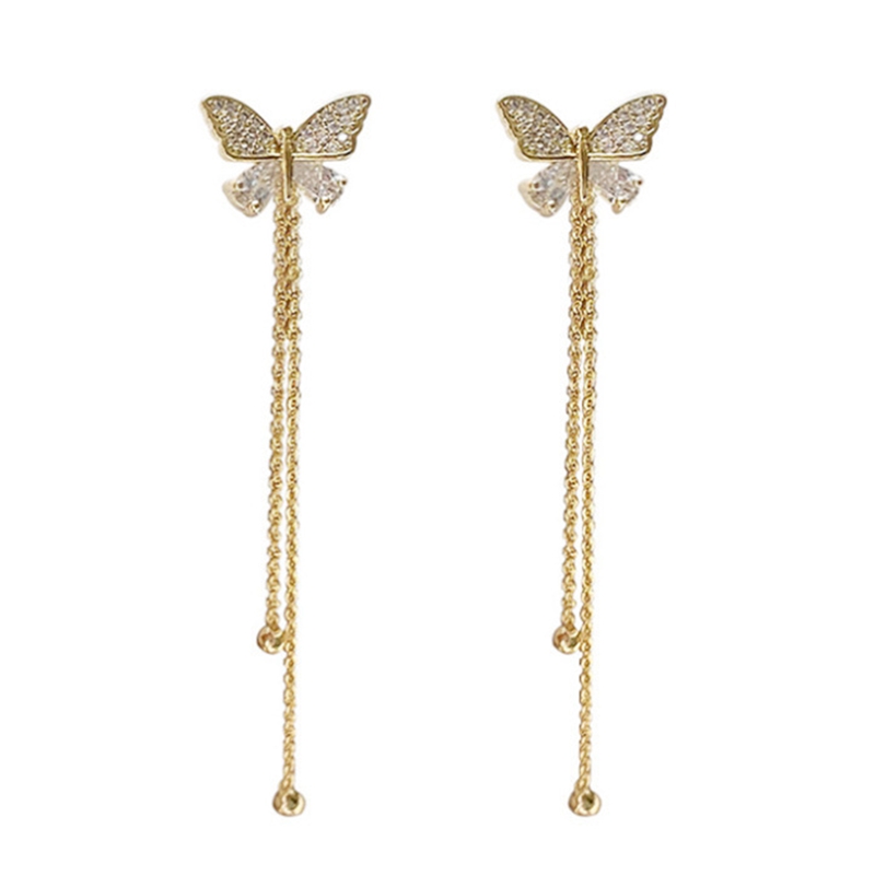 Anting Stud Panjang Desain Kupu-Kupu Immortal Rumbai Bahan 925 Silver Gaya Korea