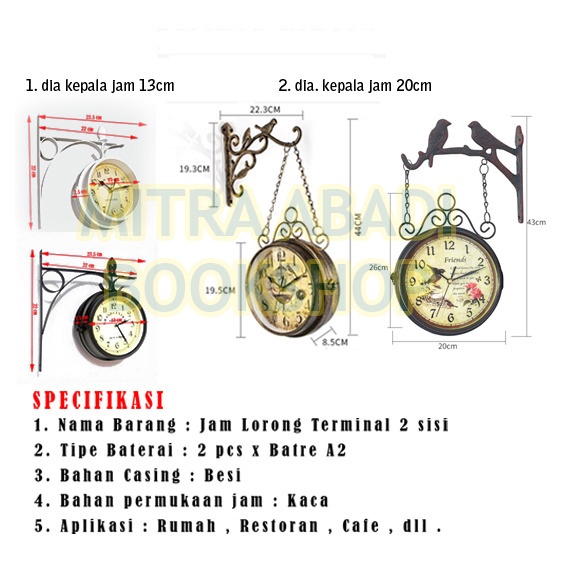 Jam Antik Dinding Stasiun Cafe Lorong Jalan Vintage Model 2 Sisi