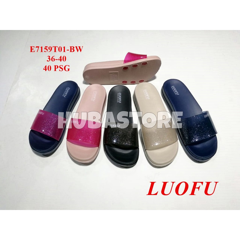 LUOFU SANDAL  JELLY  WANITA KOKOP BENING  GLITTER E7159T01 BW 