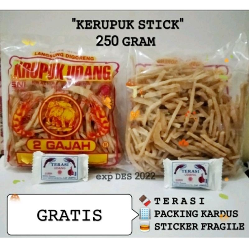 

KERUPUK STIK UDANG CAP DUA GAJAH 250 Gram GRATIS terasi khas Cirebon