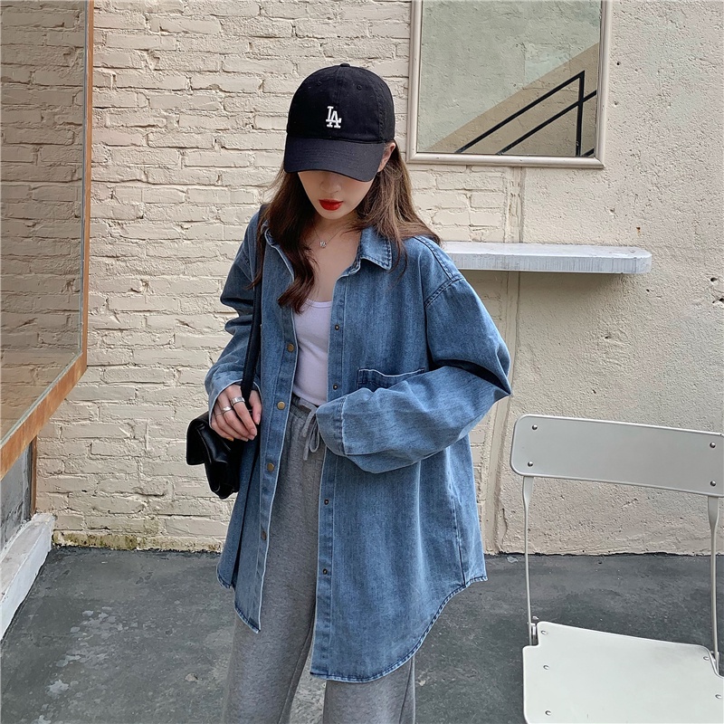 Kemeja Denim Wanita Shirt Lengan Panjang Korean Style Oversize Atasan Jaket