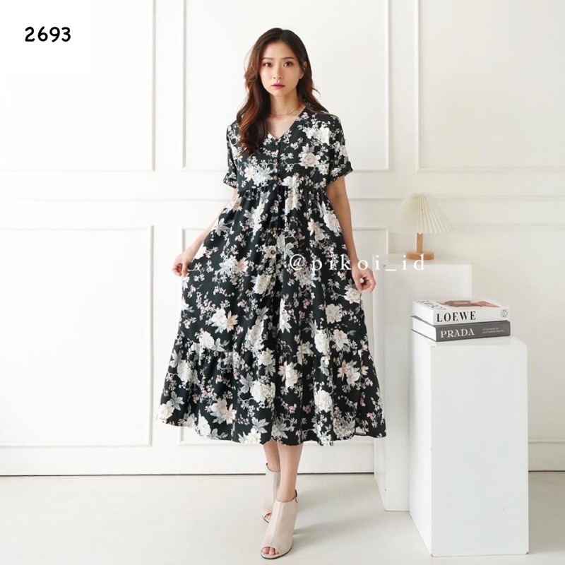 summer dress kancing wanita / dress busui bunga santai / floral dress vintage full kancing 2693