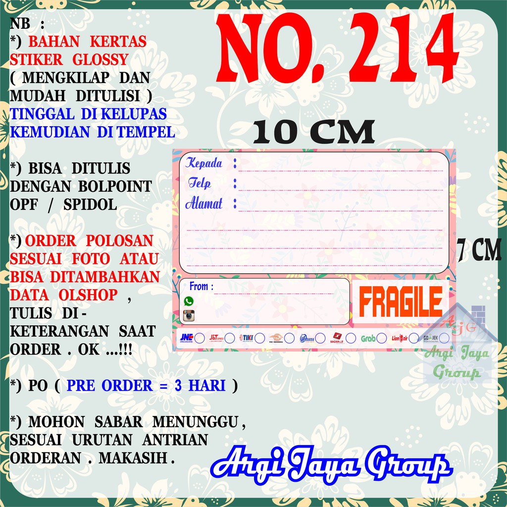 

Stiker Pengiriman - Sticker Alamat Olshop Murah Nomer 214 - 10x7 cm - Glossy