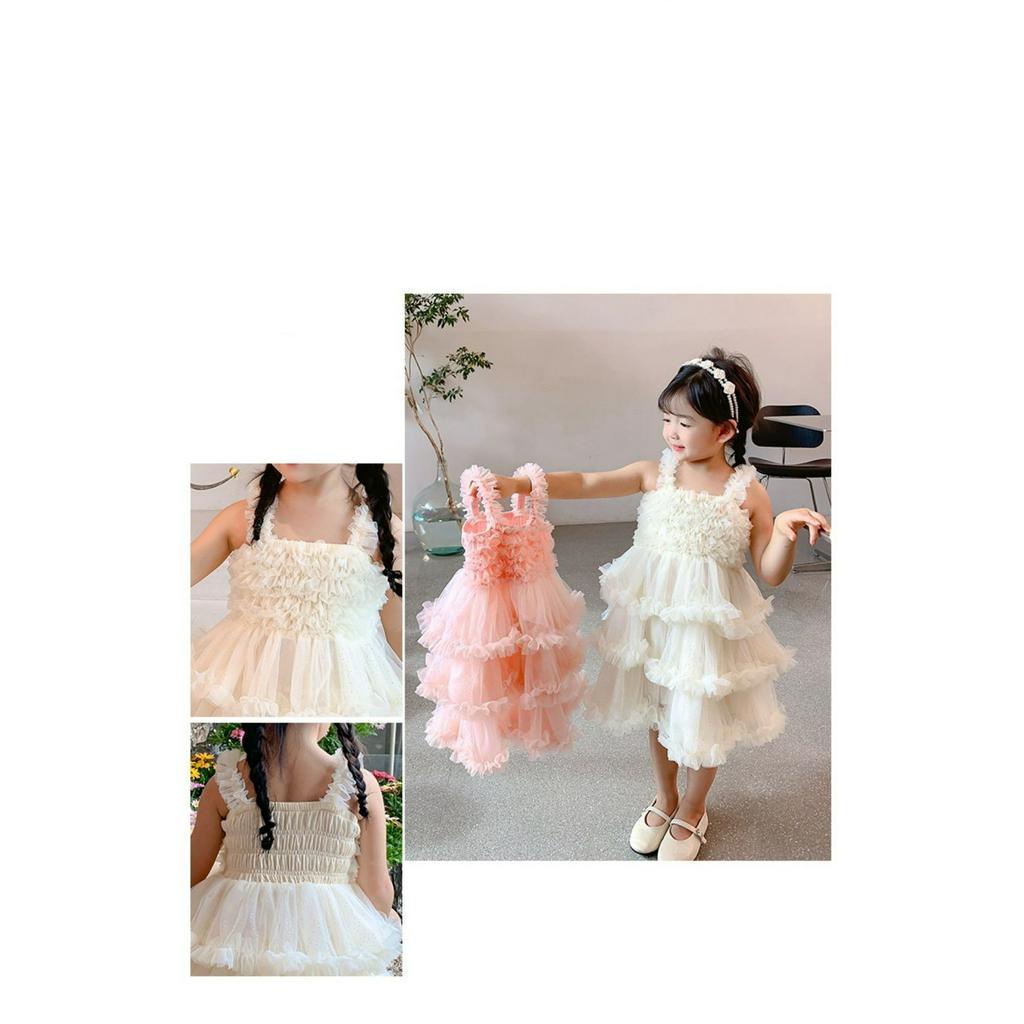 Dress Anak Perempuan Korean Style Tanpa Lengan Triple Layer Rumbai Pink