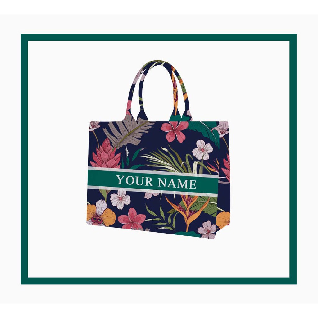 Tas Custom Print Motif Bunga Bunga Warna Dasar Biru