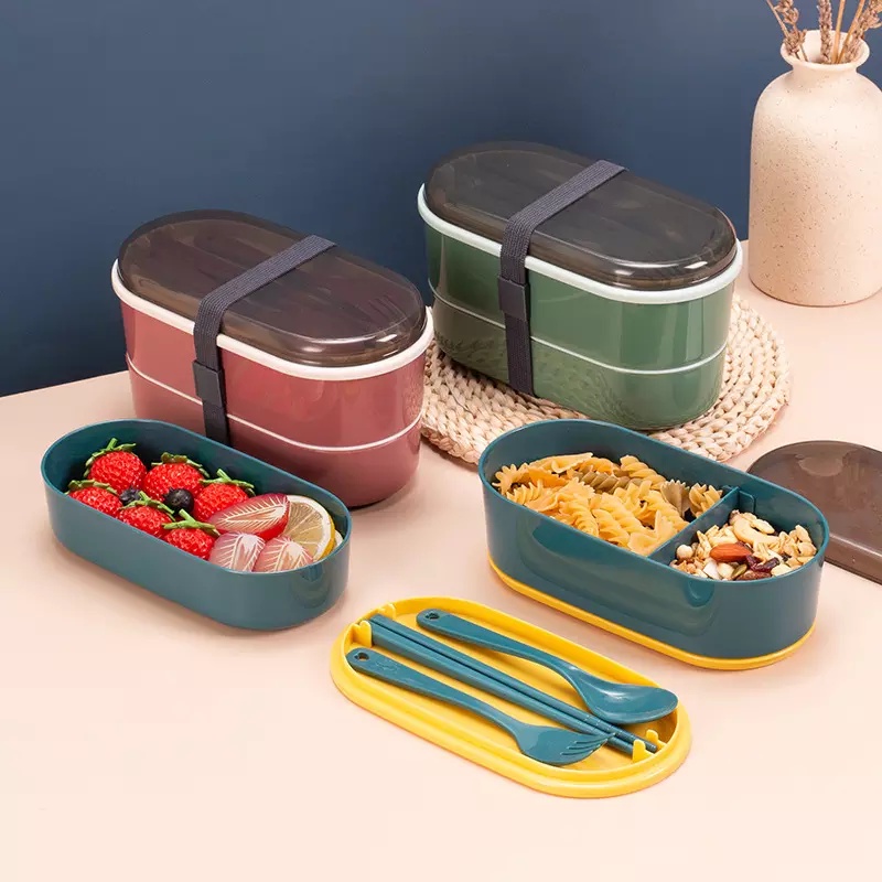 DEOSOFFICIAL -- KOTAK MAKAN LUNCHBOX OVAL BENTO JEPANG FREE SENDOK GARPU SUMPIT