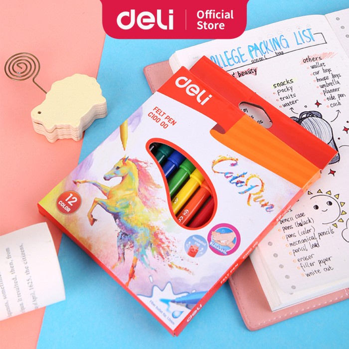 Deli EC10000 felt pen spidol 12 warna colors tidak beracun warna cerah