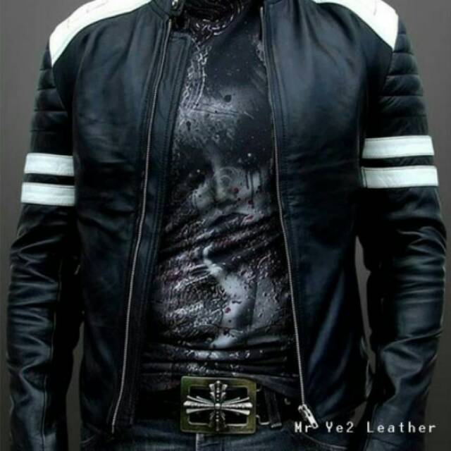 Jacket semi kulit basic list putih size S sampai XXL lagi trendy super keren