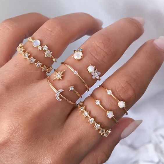 Set Cincin Vintage Gold Crystal Ring Set Bohemian Moon Star Rings Women Finger Ring Wedding Jewelry