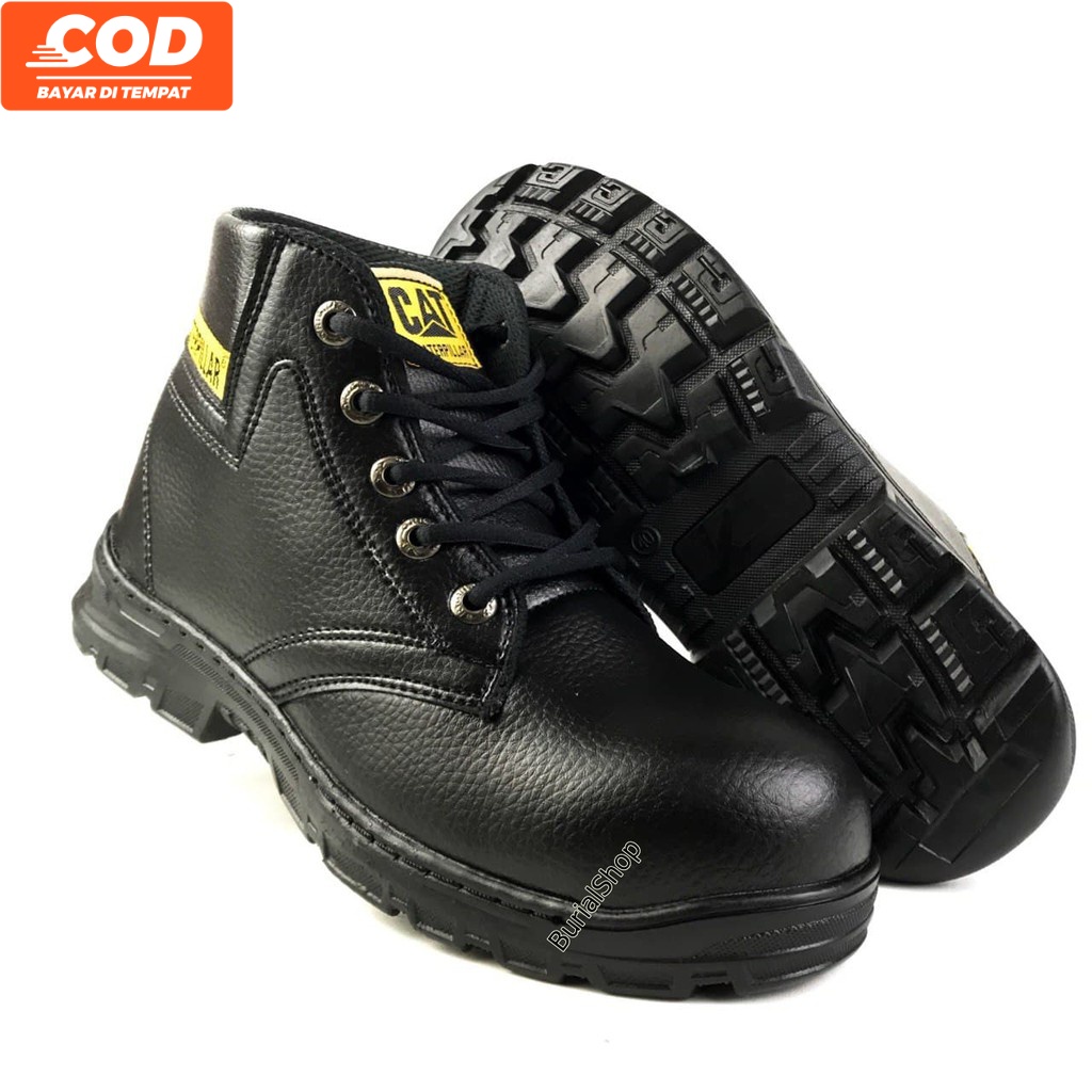 Sepatu Safety Proyek Ujung Besi - Septy Shoes Boot - Septi Kerja Lapangan Kulit Sintetis Tali Caterpillar