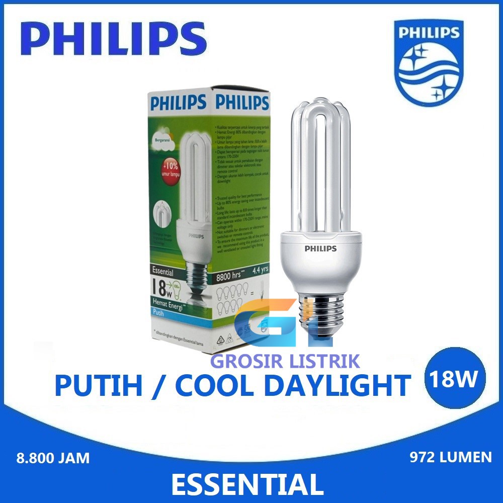 Lampu Philips Essential 18W Putih Cool Daylight 6500K Jari 18 Watt W 18Watt Original Grosir