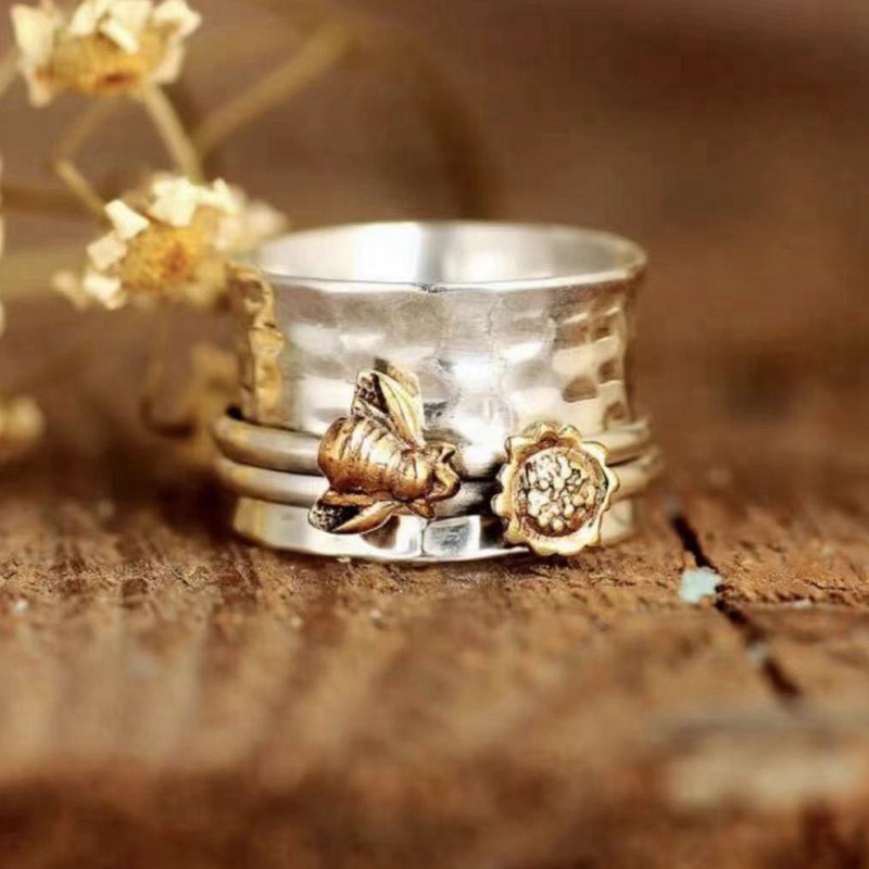 Fancyqube Cincin Model Lebar Motif Bunga Lebah Kecil Gaya Bohemian Etnik Untuk Wanita